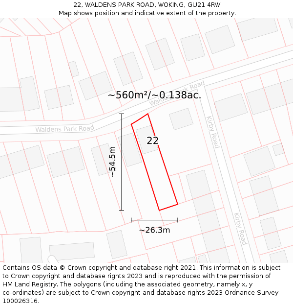 22, WALDENS PARK ROAD, WOKING, GU21 4RW: Plot and title map