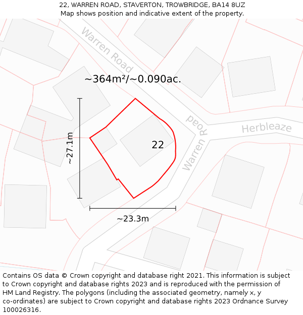 22, WARREN ROAD, STAVERTON, TROWBRIDGE, BA14 8UZ: Plot and title map