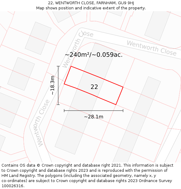 22, WENTWORTH CLOSE, FARNHAM, GU9 9HJ: Plot and title map