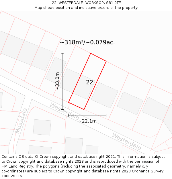 22, WESTERDALE, WORKSOP, S81 0TE: Plot and title map