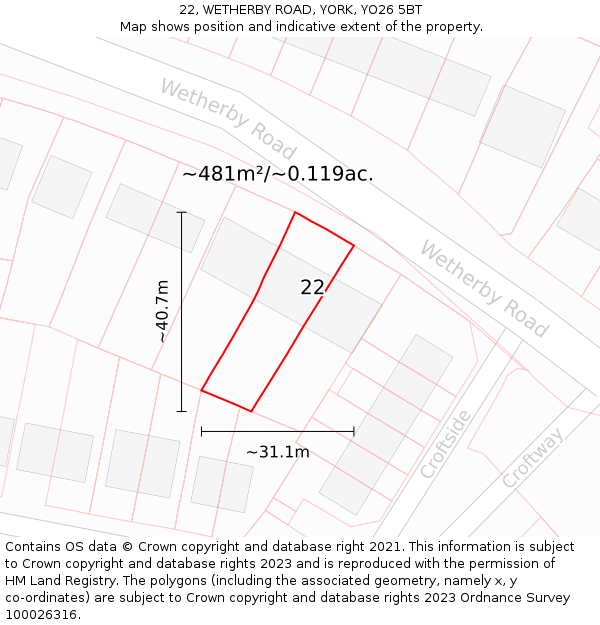 22, WETHERBY ROAD, YORK, YO26 5BT: Plot and title map