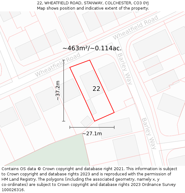 22, WHEATFIELD ROAD, STANWAY, COLCHESTER, CO3 0YJ: Plot and title map