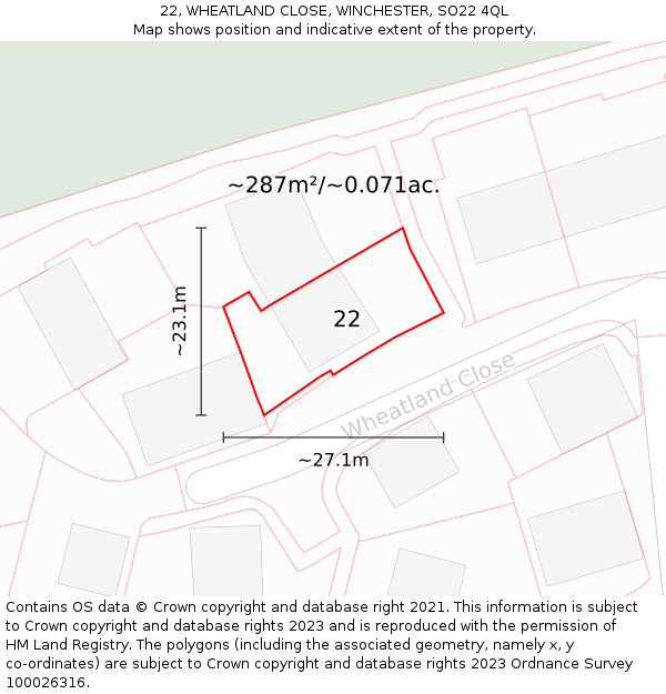 22, WHEATLAND CLOSE, WINCHESTER, SO22 4QL: Plot and title map