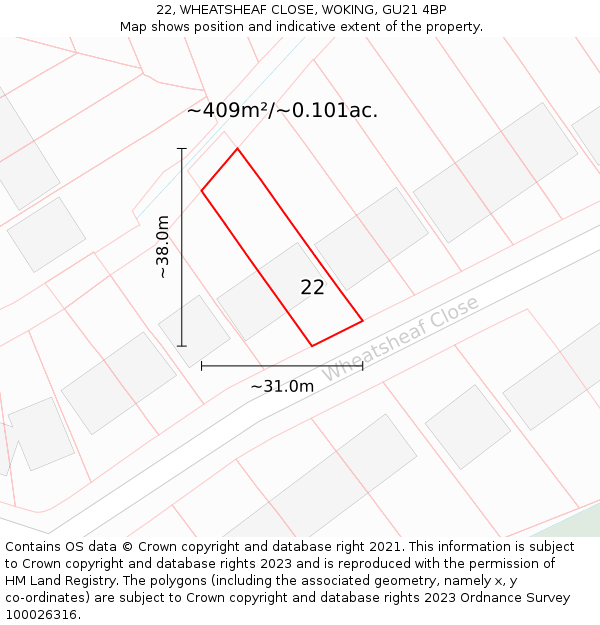 22, WHEATSHEAF CLOSE, WOKING, GU21 4BP: Plot and title map