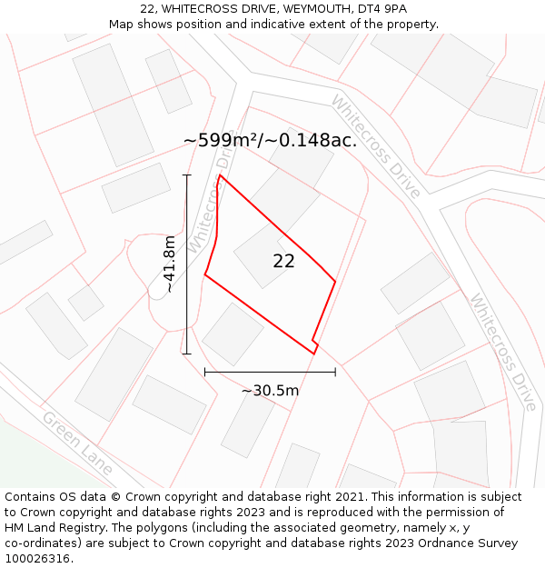 22, WHITECROSS DRIVE, WEYMOUTH, DT4 9PA: Plot and title map