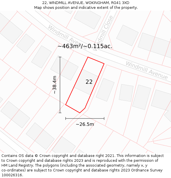 22, WINDMILL AVENUE, WOKINGHAM, RG41 3XD: Plot and title map