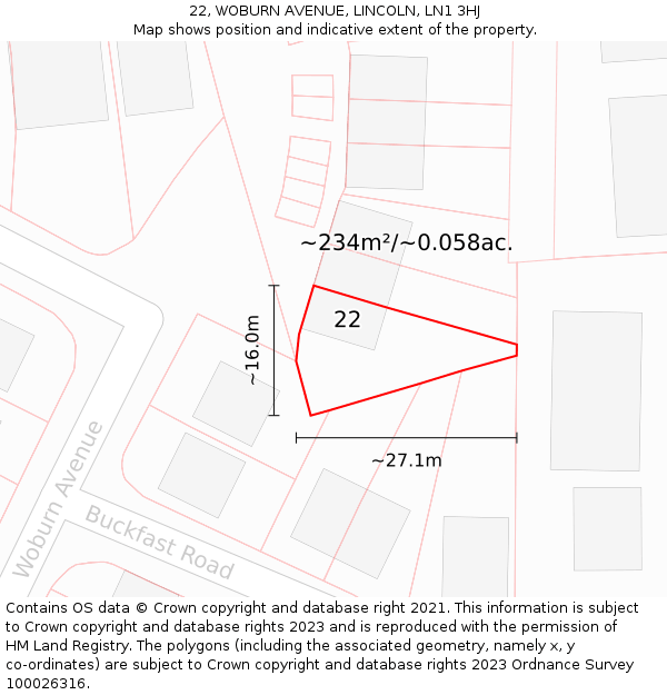 22, WOBURN AVENUE, LINCOLN, LN1 3HJ: Plot and title map