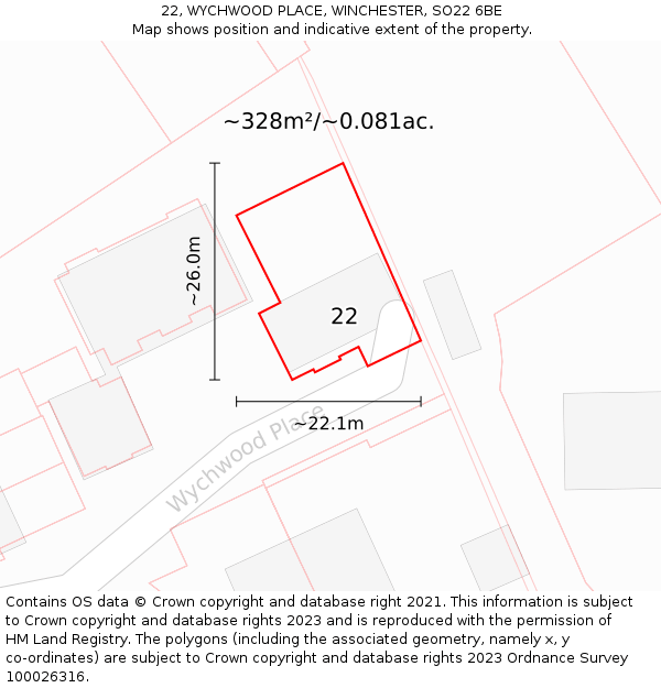 22, WYCHWOOD PLACE, WINCHESTER, SO22 6BE: Plot and title map