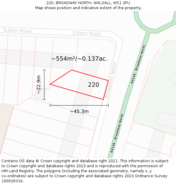 220, BROADWAY NORTH, WALSALL, WS1 2PU: Plot and title map