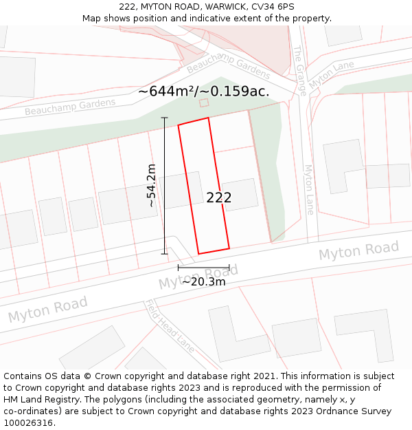 222, MYTON ROAD, WARWICK, CV34 6PS: Plot and title map