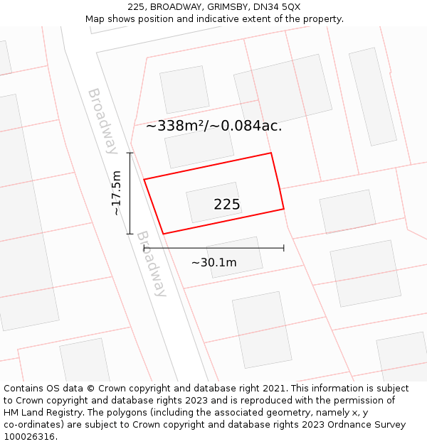 225, BROADWAY, GRIMSBY, DN34 5QX: Plot and title map