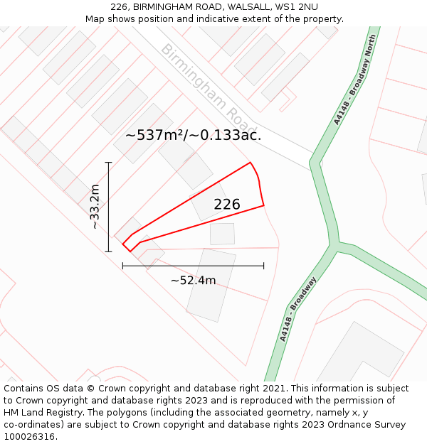 226, BIRMINGHAM ROAD, WALSALL, WS1 2NU: Plot and title map