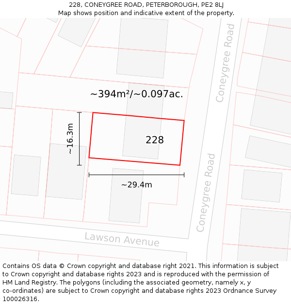 228, CONEYGREE ROAD, PETERBOROUGH, PE2 8LJ: Plot and title map