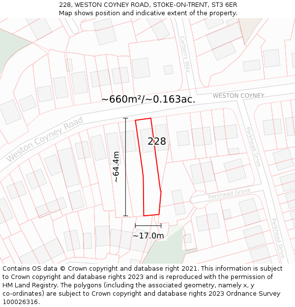 228, WESTON COYNEY ROAD, STOKE-ON-TRENT, ST3 6ER: Plot and title map