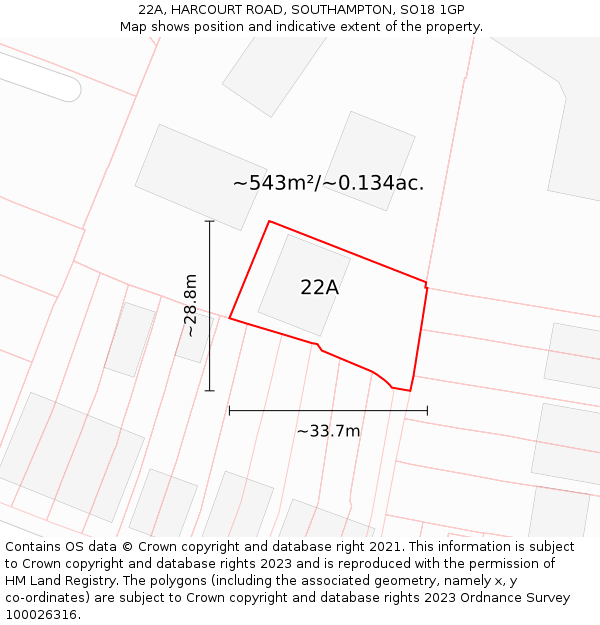 22A, HARCOURT ROAD, SOUTHAMPTON, SO18 1GP: Plot and title map