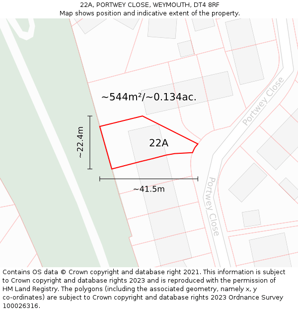 22A, PORTWEY CLOSE, WEYMOUTH, DT4 8RF: Plot and title map