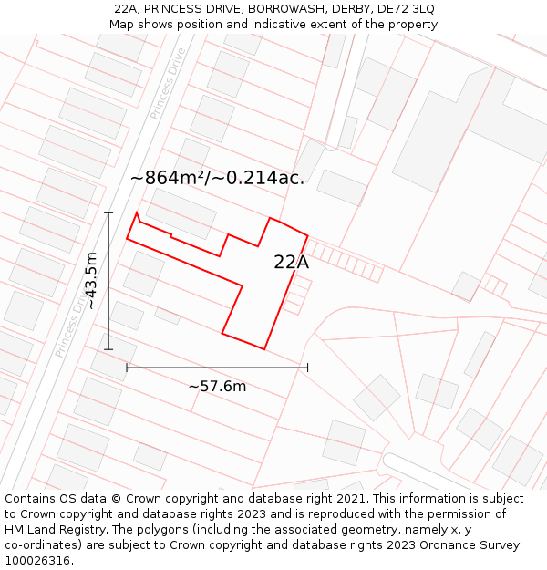 22A, PRINCESS DRIVE, BORROWASH, DERBY, DE72 3LQ: Plot and title map