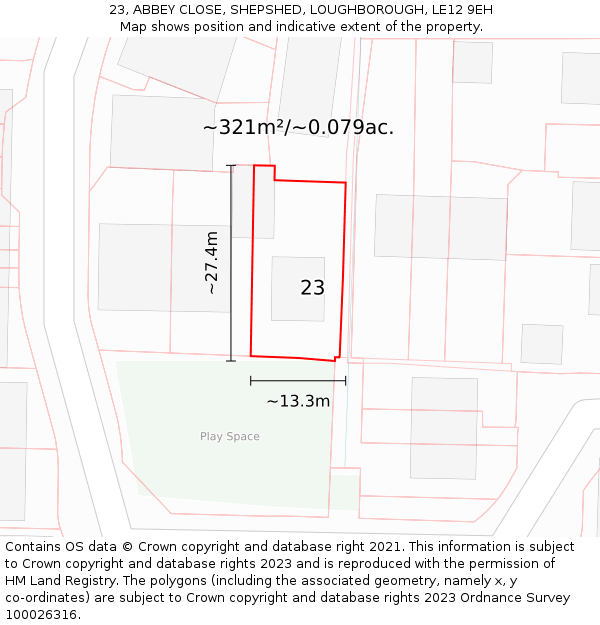 23, ABBEY CLOSE, SHEPSHED, LOUGHBOROUGH, LE12 9EH: Plot and title map