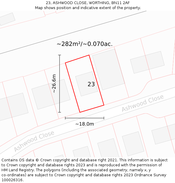 23, ASHWOOD CLOSE, WORTHING, BN11 2AF: Plot and title map