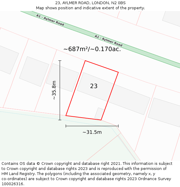23, AYLMER ROAD, LONDON, N2 0BS: Plot and title map