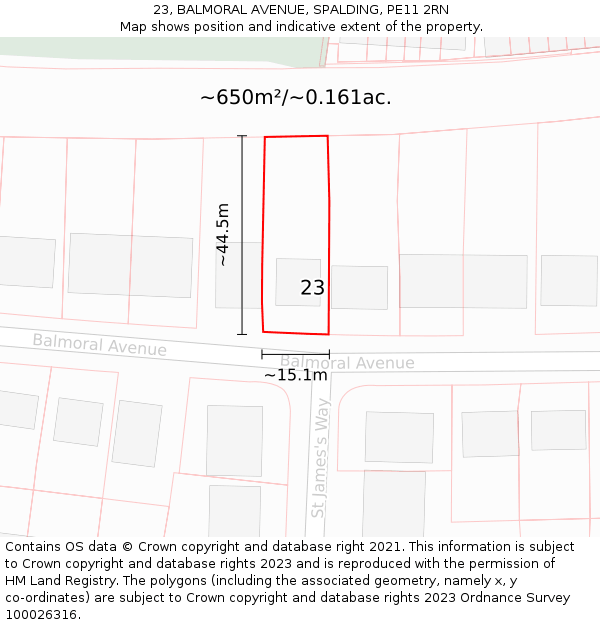 23, BALMORAL AVENUE, SPALDING, PE11 2RN: Plot and title map