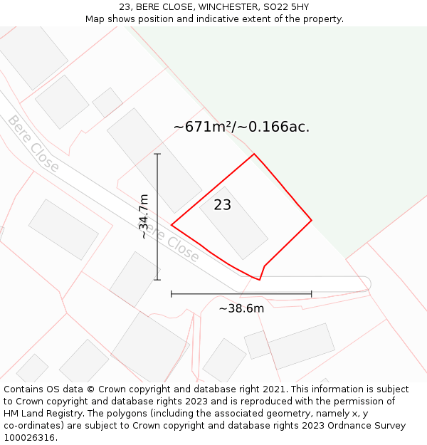 23, BERE CLOSE, WINCHESTER, SO22 5HY: Plot and title map