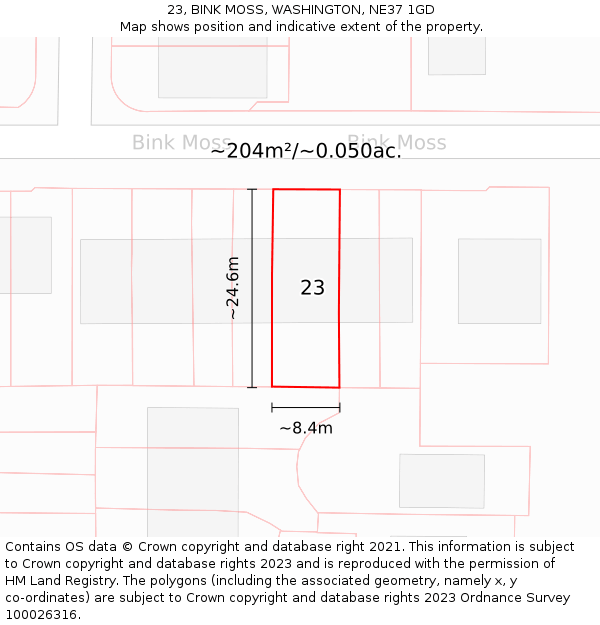 23, BINK MOSS, WASHINGTON, NE37 1GD: Plot and title map