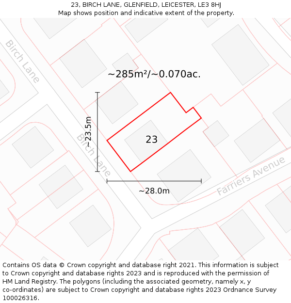 23, BIRCH LANE, GLENFIELD, LEICESTER, LE3 8HJ: Plot and title map