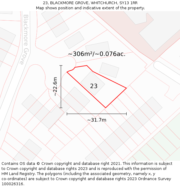 23, BLACKMORE GROVE, WHITCHURCH, SY13 1RR: Plot and title map