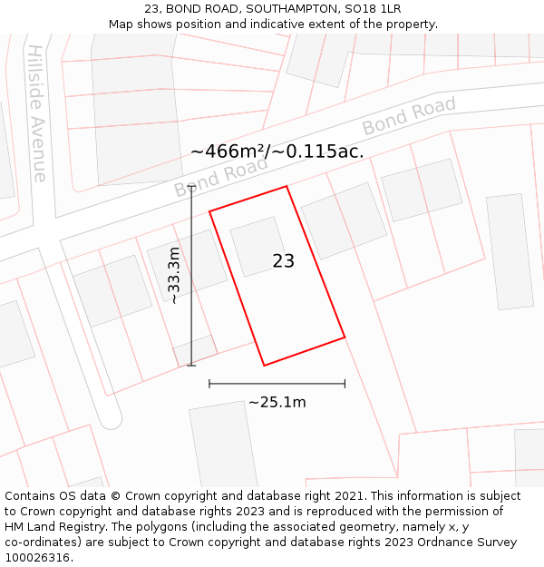 23, BOND ROAD, SOUTHAMPTON, SO18 1LR: Plot and title map