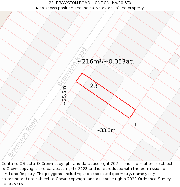 23, BRAMSTON ROAD, LONDON, NW10 5TX: Plot and title map