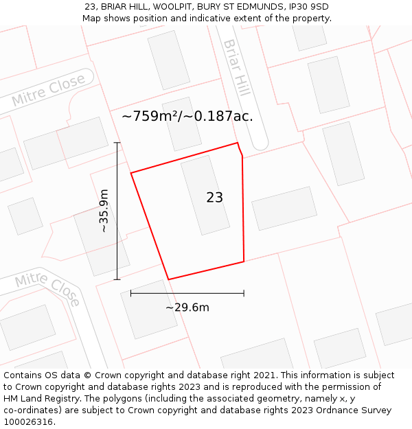 23, BRIAR HILL, WOOLPIT, BURY ST EDMUNDS, IP30 9SD: Plot and title map