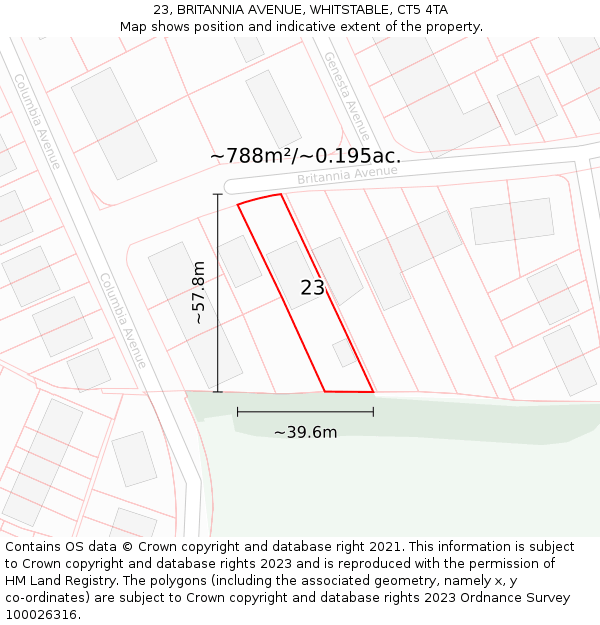 23, BRITANNIA AVENUE, WHITSTABLE, CT5 4TA: Plot and title map