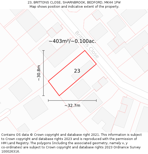 23, BRITTONS CLOSE, SHARNBROOK, BEDFORD, MK44 1PW: Plot and title map