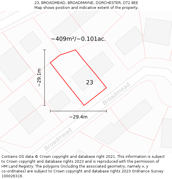 23, BROADMEAD, BROADMAYNE, DORCHESTER, DT2 8EE: Plot and title map