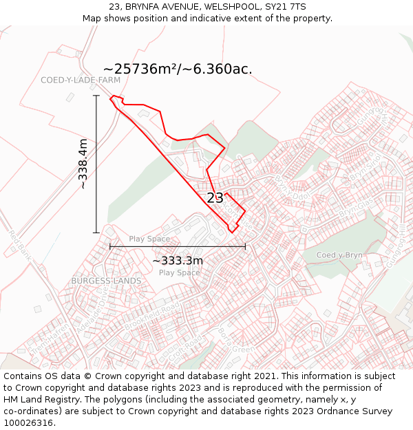 23, BRYNFA AVENUE, WELSHPOOL, SY21 7TS: Plot and title map