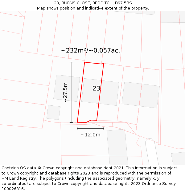 23, BURNS CLOSE, REDDITCH, B97 5BS: Plot and title map