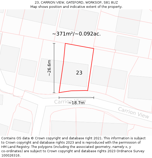 23, CARRION VIEW, GATEFORD, WORKSOP, S81 8UZ: Plot and title map