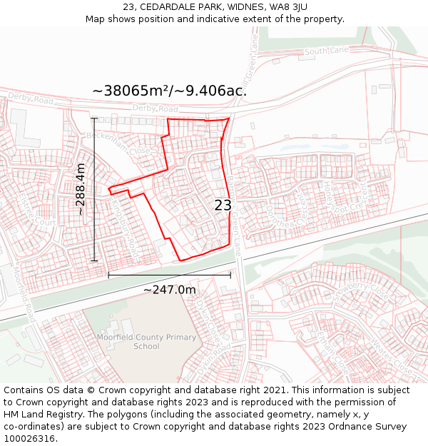 23, CEDARDALE PARK, WIDNES, WA8 3JU: Plot and title map