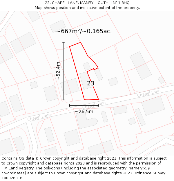 23, CHAPEL LANE, MANBY, LOUTH, LN11 8HQ: Plot and title map