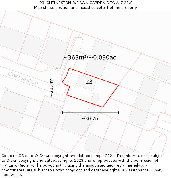 23, CHELVESTON, WELWYN GARDEN CITY, AL7 2PW: Plot and title map