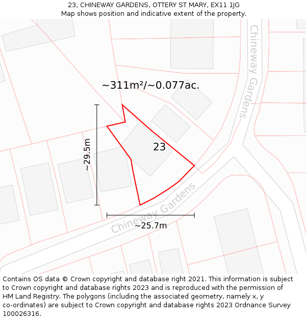 23, CHINEWAY GARDENS, OTTERY ST MARY, EX11 1JG: Plot and title map