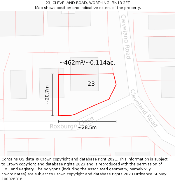 23, CLEVELAND ROAD, WORTHING, BN13 2ET: Plot and title map