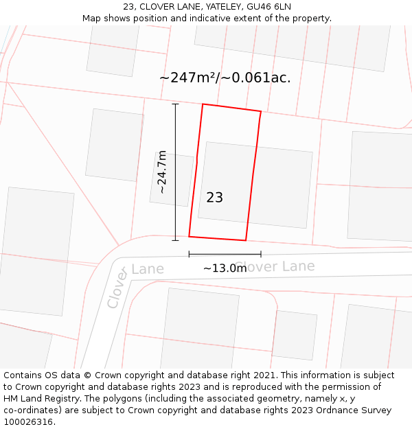 23, CLOVER LANE, YATELEY, GU46 6LN: Plot and title map