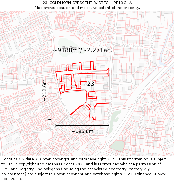 23, COLDHORN CRESCENT, WISBECH, PE13 3HA: Plot and title map