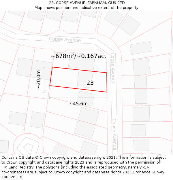 23, COPSE AVENUE, FARNHAM, GU9 9ED: Plot and title map