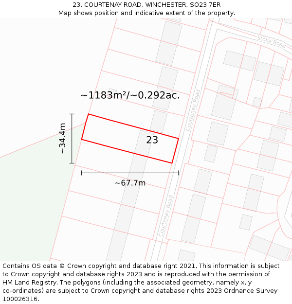 23, COURTENAY ROAD, WINCHESTER, SO23 7ER: Plot and title map