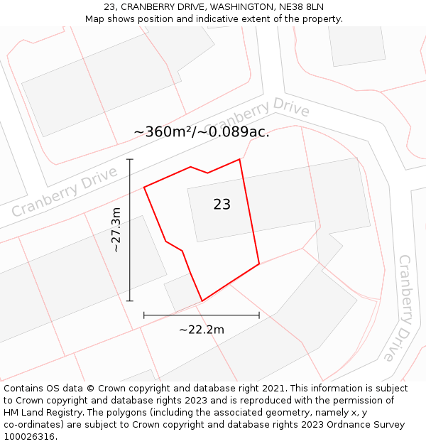 23, CRANBERRY DRIVE, WASHINGTON, NE38 8LN: Plot and title map