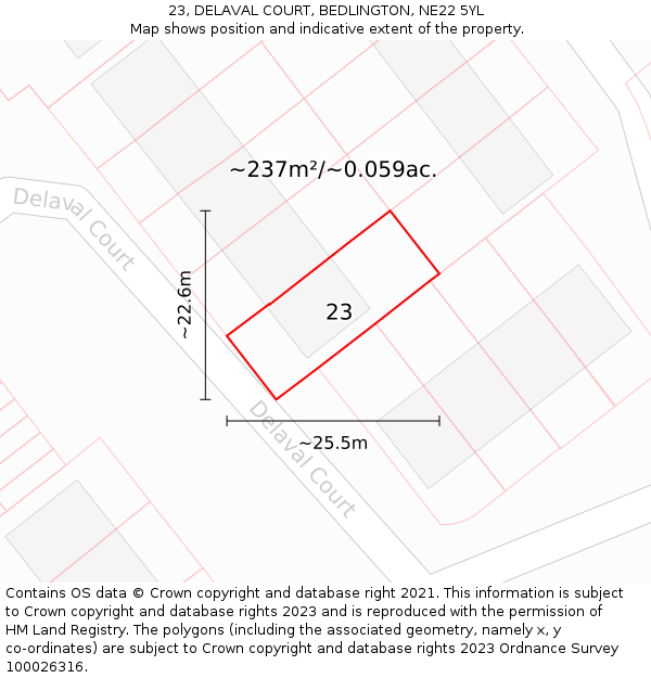 23, DELAVAL COURT, BEDLINGTON, NE22 5YL: Plot and title map