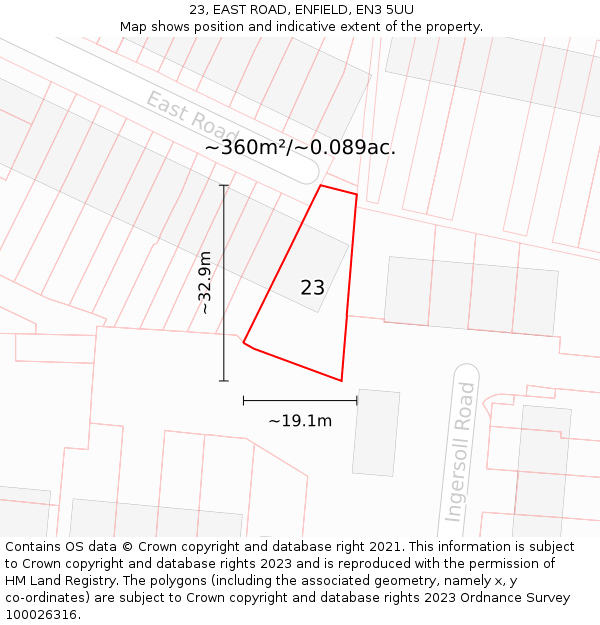 23, EAST ROAD, ENFIELD, EN3 5UU: Plot and title map